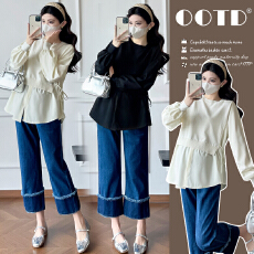 批发<b class='q'>实拍</b> 2026新款<b class='q'>孕妇装</b>宽松假两件针织拼接衬衫+托腹<b class='q'>孕妇</b><b class='q'>裤</b>两件套