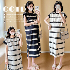 批发实拍 2026孕妇装夏季新款条纹袖口卷边侧开叉休闲中长款<b class='q'>连衣裙</b>