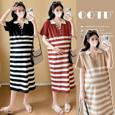 批发实拍 2026夏季<b class='q'>孕妇装</b>翻领撞色条纹提花宽松休闲短袖针织连衣裙