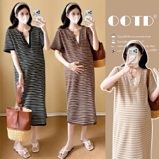 批发实拍 2026夏季<b class='q'>孕妇装</b>翻领撞色条纹提花宽松休闲短袖针织连衣裙