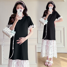 实拍2026夏孕妇装新款法式蕾丝拼接气质高级感短袖连衣裙大码裙子