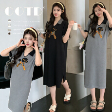 批发实拍2026新款孕妇夏季时尚翻领短袖中长款<b class='q'>连衣</b>裙宽松减龄显瘦上衣