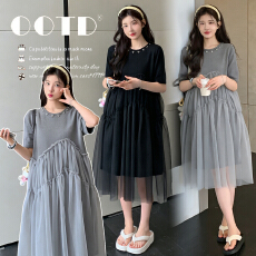 批发实拍 2026孕妇装夏季新款钉珠<b class='q'>针织</b>裙拼接网纱时尚宽松<b class='q'>连衣裙</b>