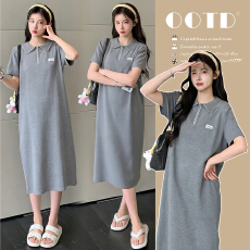 批发实拍2026新款<b class='q'>孕妇</b><b class='q'>夏季</b>时尚翻领短袖中长款连衣裙宽松减龄显瘦<b class='q'>上衣</b>