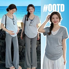 2026新款孕妇装假两件撞色v领短袖夏季韩版宽松显瘦休闲上衣