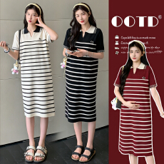 批发实拍 孕妇夏季新款<b class='q'>连衣裙</b>POLO领条纹时尚孕妇装洋气时髦夏装t恤裙