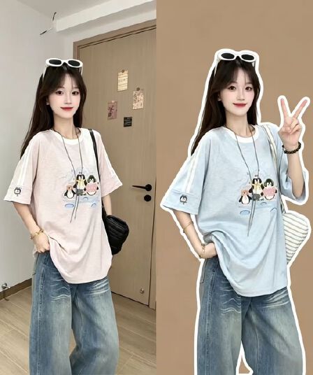 2026 여름 새로운 출산 착용 자수 스트라이프 루즈핏 라운드 넥 맨위 빅 사이즈 다용도 여성 의류 티셔츠