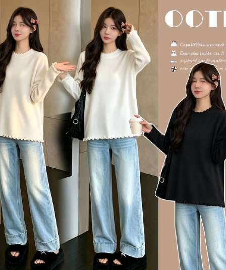 실사 2026 출산 착용 가을 겨울 새로운 니트 기본 셔츠 루즈핏 풀오버 다용도 볼륨 측면 스웨터 맨위