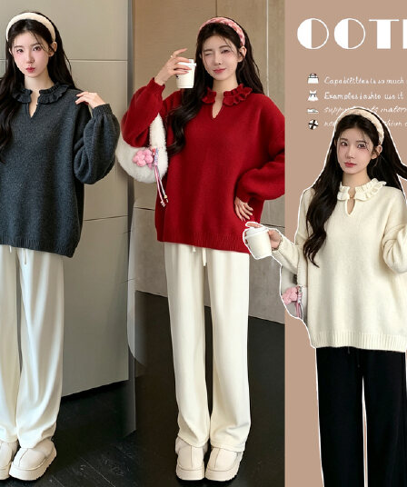 실사 2026 가을 겨울 새로운 한국 스타일 루즈핏 긴팔 V넥 프릴 패치워크 스웨터 임산부 바지 투피스 세트
