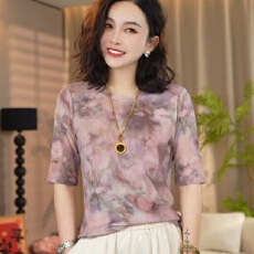批发扎染印花T恤女士夏季<b class='q'>妈妈装</b>圆领半袖洋气设计感小衫别致上衣