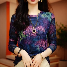 批发<b class='q'>秋装</b>上衣网纱印花长袖t恤早秋季<b class='q'>中老年</b>打底衫女内搭洋气小衫