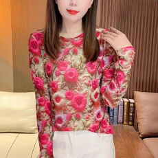 批发双层网纱印花长袖女士秋季新款宽松遮肉显瘦圆领上衣欧货打底衫