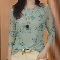 批发双层肌肤网纱上衣高级感显瘦打底小衫女春秋新款高端印花t恤