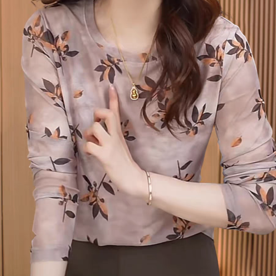 이중층 피부 망사 맨위 여성 의류 봄 가을 외국 가스 연령 감소 몸매 가꾸기 꽃무늬 작은 셔츠 만나는 티셔츠