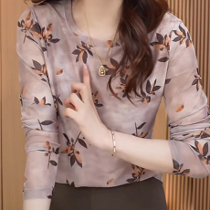 批发双层肌肤网纱上衣女装春秋洋气减龄修身碎花小衫打底t恤衫