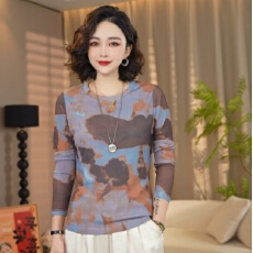 批发双层网纱秋季新款高级感遮肉显瘦时尚圆领百搭印花长袖上衣