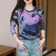 批发双层肌肤网纱上衣高级感显瘦打底小衫女春秋新款高端印花t恤