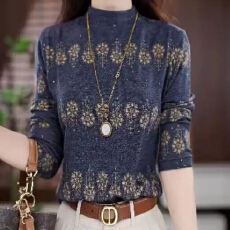 批发秋冬新款长袖t恤女士复古打底衫气质宽松妈妈装减龄加厚上衣