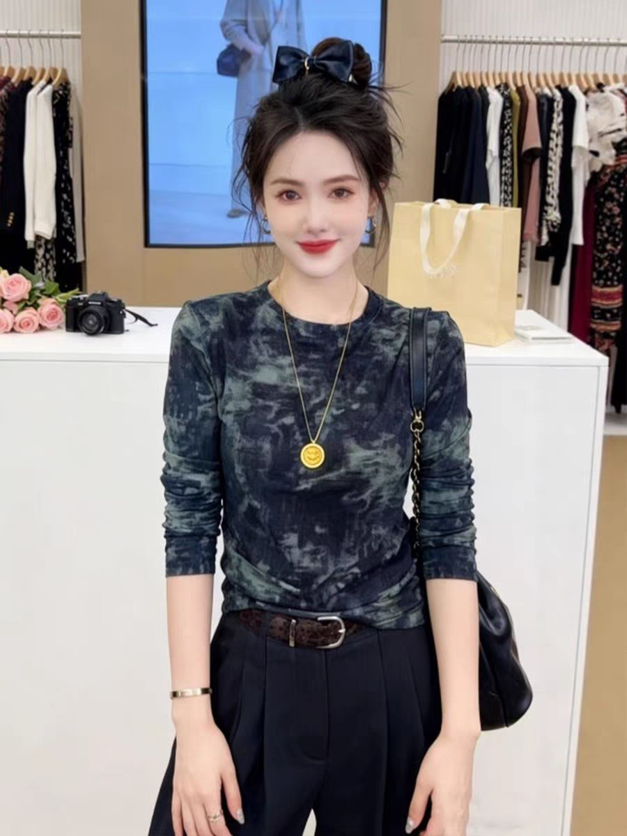 고급 센스 홀치기 염색 이중층 망사 긴팔 티셔츠 여성 의류 봄 몸매 가꾸기 맨위 인사이드 가져 가라. 기본 셔츠 여성