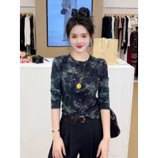 批发高级感扎染双层网纱长袖t恤女装春季修身上衣内搭打底衫女士