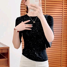 批发夏季新款满天星修身圆领<b class='q'>中袖</b>韩版T恤女亮片显瘦百搭知性风打底衫