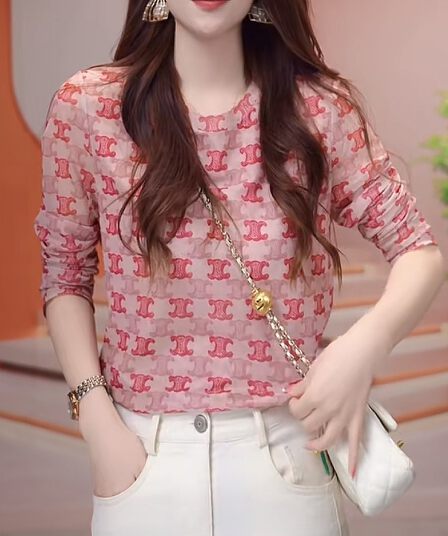 피부 이중층 망사 맨위 고급 센스 슬림해 보이는 만나는 작은 셔츠 여성 봄 가을 새로운 고급 프린트 유럽 상품
