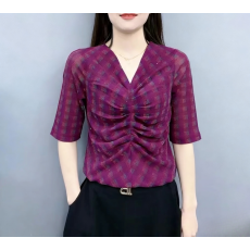 批发双层网纱t恤女士夏装新款高级感显瘦<b class='q'>妈妈</b>V领短袖打底衫上衣