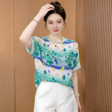 批发短袖雪纺t恤女2026新款透气花色宽松时尚圆领休闲夏季小衫