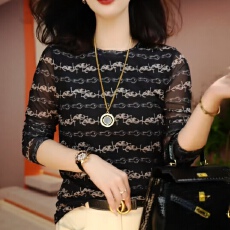 批发双层肌肤网纱上衣女春秋洋气减龄修身碎花圆领小衫打底t恤衫