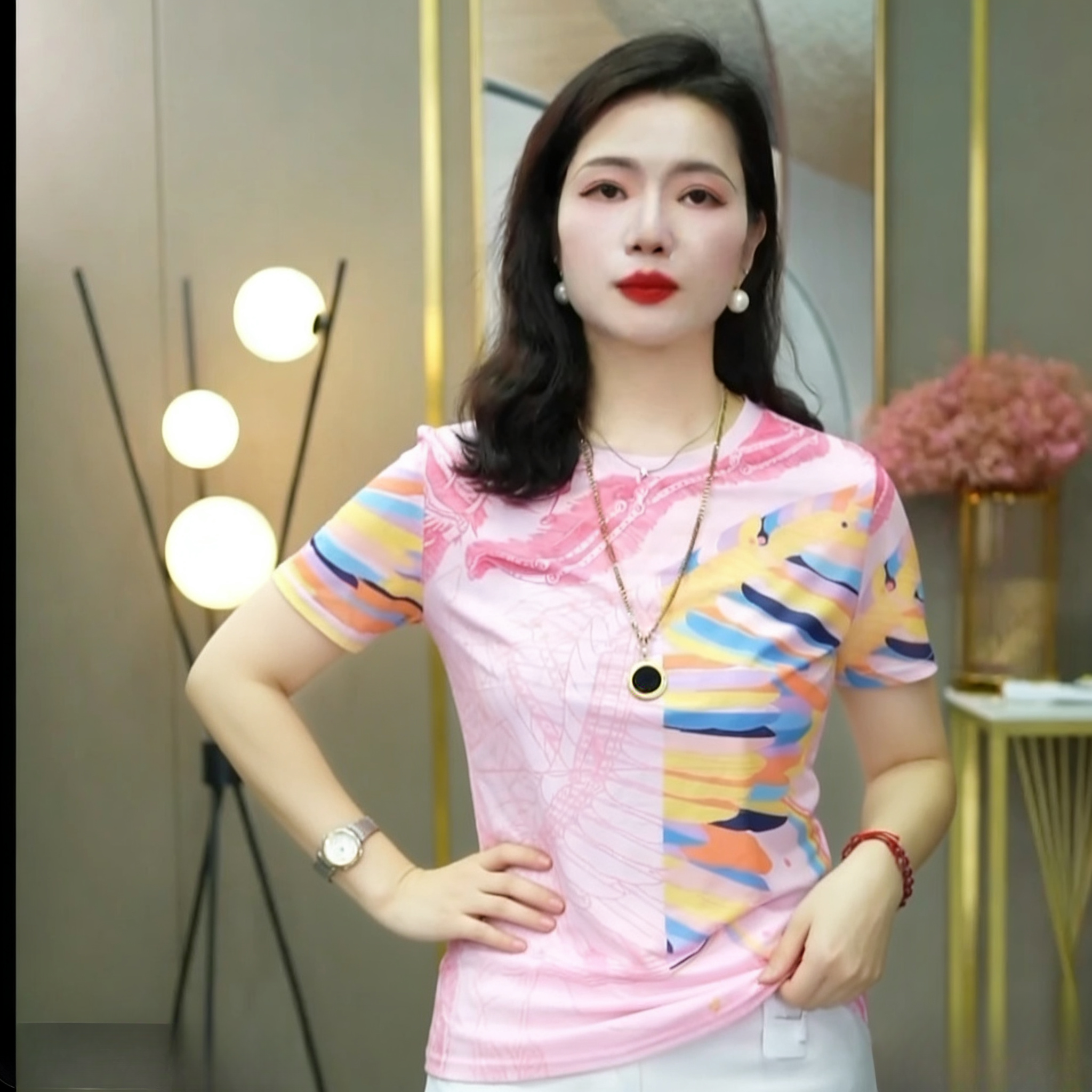 이중층 망사 프린트 티셔츠 여성 여름 어머니 드레스 라운드 넥 반소매 외국 가스 디자인 센스 작은 셔츠 맨위