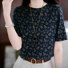 批发双层网纱印花T恤女士夏季<b class='q'>妈妈</b>装圆领半袖洋气设计感小衫上衣