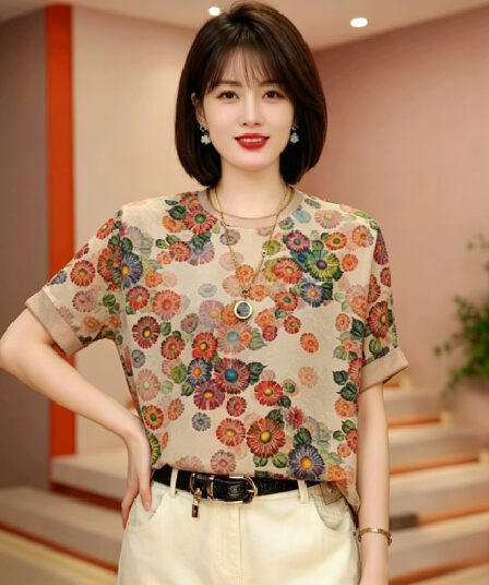 여름 고급 패션 외국 가스 다용도 슬림해 보이는 라운드 넥 기본 셔츠 새로운 루즈핏 캐주얼 반팔 티셔츠 여성