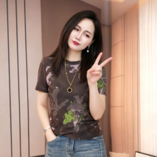 批发双层网纱印花T恤女士夏季<b class='q'>妈妈装</b>圆领半袖洋气设计感小衫上衣