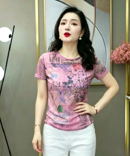 이중층 망사 프린트 티셔츠 여성 여름 어머니 드레스 라운드 넥 반소매 외국 가스 디자인 센스 작은 셔츠 맨위