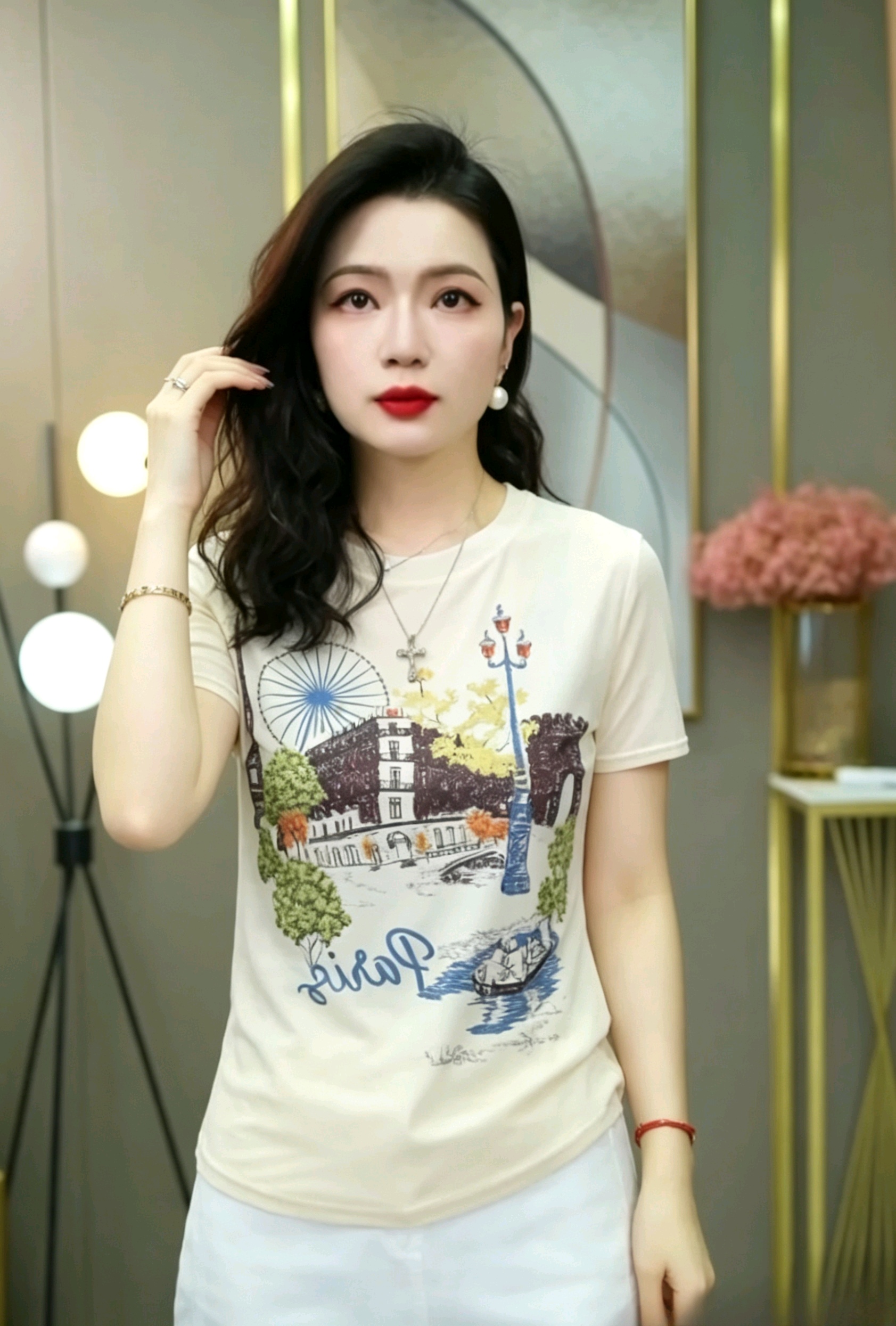 이중층 망사 프린트 티셔츠 여성 여름 어머니 드레스 라운드 넥 반소매 외국 가스 디자인 센스 작은 셔츠 맨위