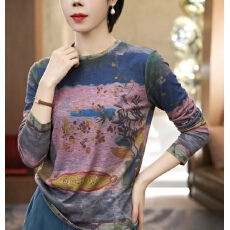 批发时尚圆领内搭打底衫<b class='q'>T</b><b class='q'>恤</b>女2026秋季新款花纹图案涂鸦小衫长袖上衣