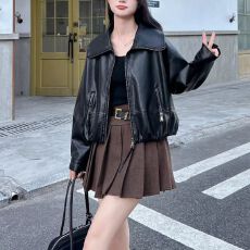 批发千金风秋冬新款时尚百搭宽松显瘦气质简约设计皮衣外套女上衣女潮