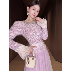 批发法式紫色蕾丝<b class='q'>喇叭袖</b><b class='q'>连衣裙</b>女春2026新款拼接网纱百褶裙收腰a字裙