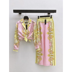 批发欧洲气质奢华印花桑蚕真丝绑结短衬衫十直筒长裤