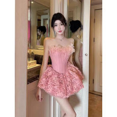 批发越南立体花朵鱼骨收腰抹胸连衣<b class='q'>裙</b>少女千金蓬蓬纱裹胸后绑带<b class='q'>礼服</b><b class='q'>裙</b>