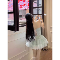 批发越南少女鱼骨抹胸立体碎花朵蓬蓬礼服裙甜美网纱裹胸连衣裙配短裤