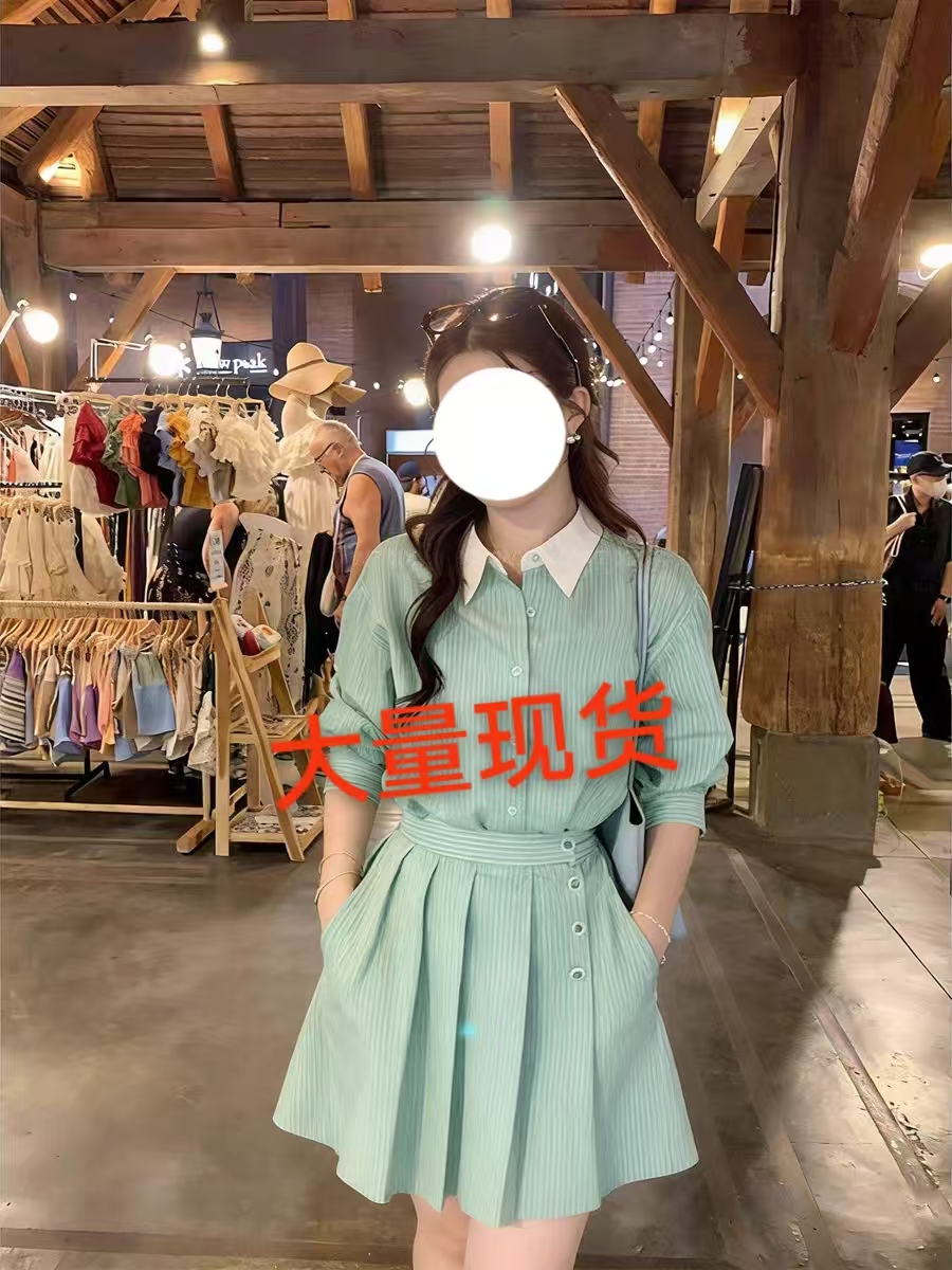 빅 사이즈 한국 여성 의류 이른 봄 새로운 지방 mm 센 부서 바람 배색 스트라이프 셔츠 맨위 미니 스커트 점프 슈트 치마 세트