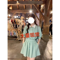 批发大码韩国女装早春新款胖mm森系风撞色条纹<b class='q'>衬衫</b>上衣短裙<b class='q'>连衣裙</b>套装