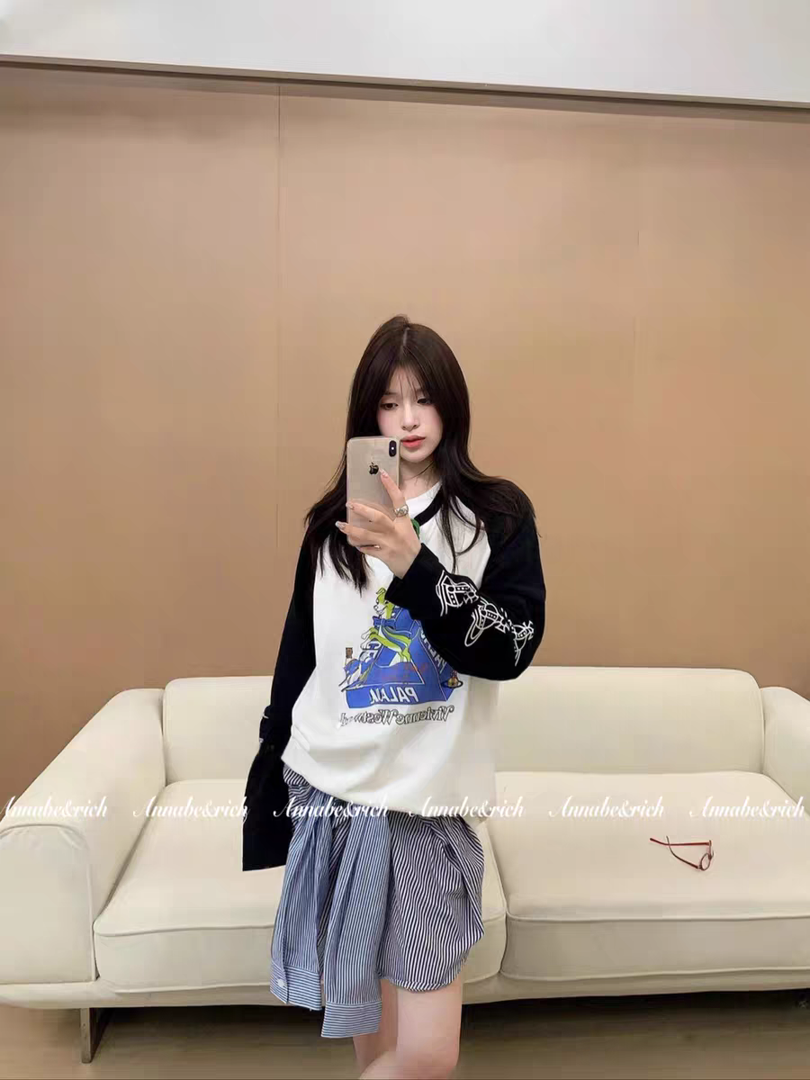 한국 구매 토성 클래식 패턴 프린트 합동 명칭 라운드 넥 긴팔 티셔츠 여성 루즈핏 만나는 맨위
