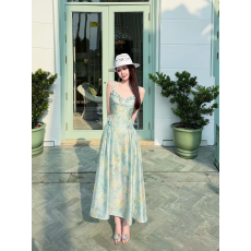 批发余潇潇【海边油画】春日浪漫感油画质感晕染印花蕾丝吊带<b class='q'>连衣裙</b>