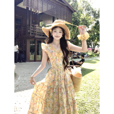批发Acaine【3/09 20:00 95折款】清迈花市 春日浪漫印花V领<b class='q'>连衣裙</b>
