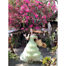 批发Acaine【3/09 20:00 95折款】青提软糖 春日清新荷叶边烫钻<b class='q'>连衣裙</b>