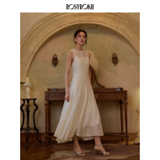 批发ROSYROKH 褶光诗行法式显瘦气质<b class='q'>真丝</b>叠搭无袖<b class='q'>连衣裙</b><b class='q'>女</b>绝美长<b class='q'>裙</b>