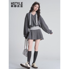 批发灰色条纹拼接v领假两件卫衣女<b class='q'>春</b>季高腰百褶短裙两件套装
