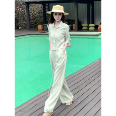 批发西恩<b class='q'>定制</b>●（湖上的树林）双色珠绣花衬衫+裤子套装LNX6TZ0611